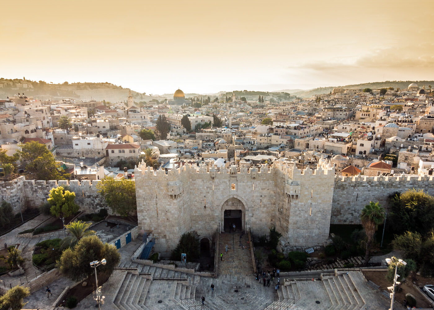 The Damascus Gate and the Old City of Jerusalem at golden hour
